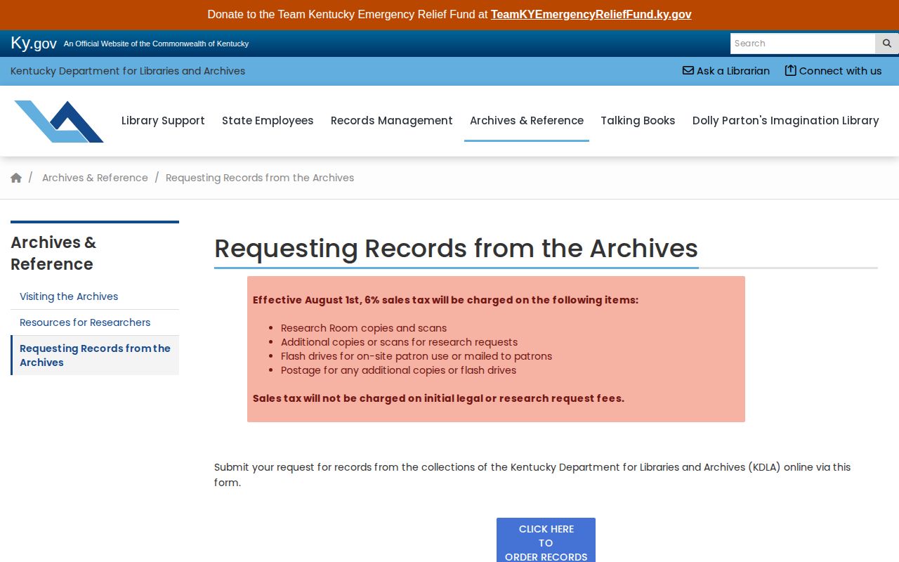 Kentucky historical arrest-record request, KDLA Archives online request form