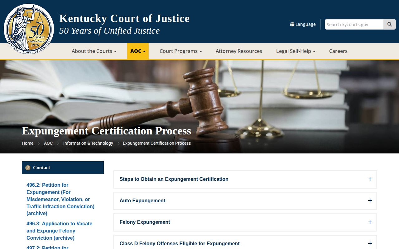 Kentucky Court of Justice expungement certification process for court and agency records