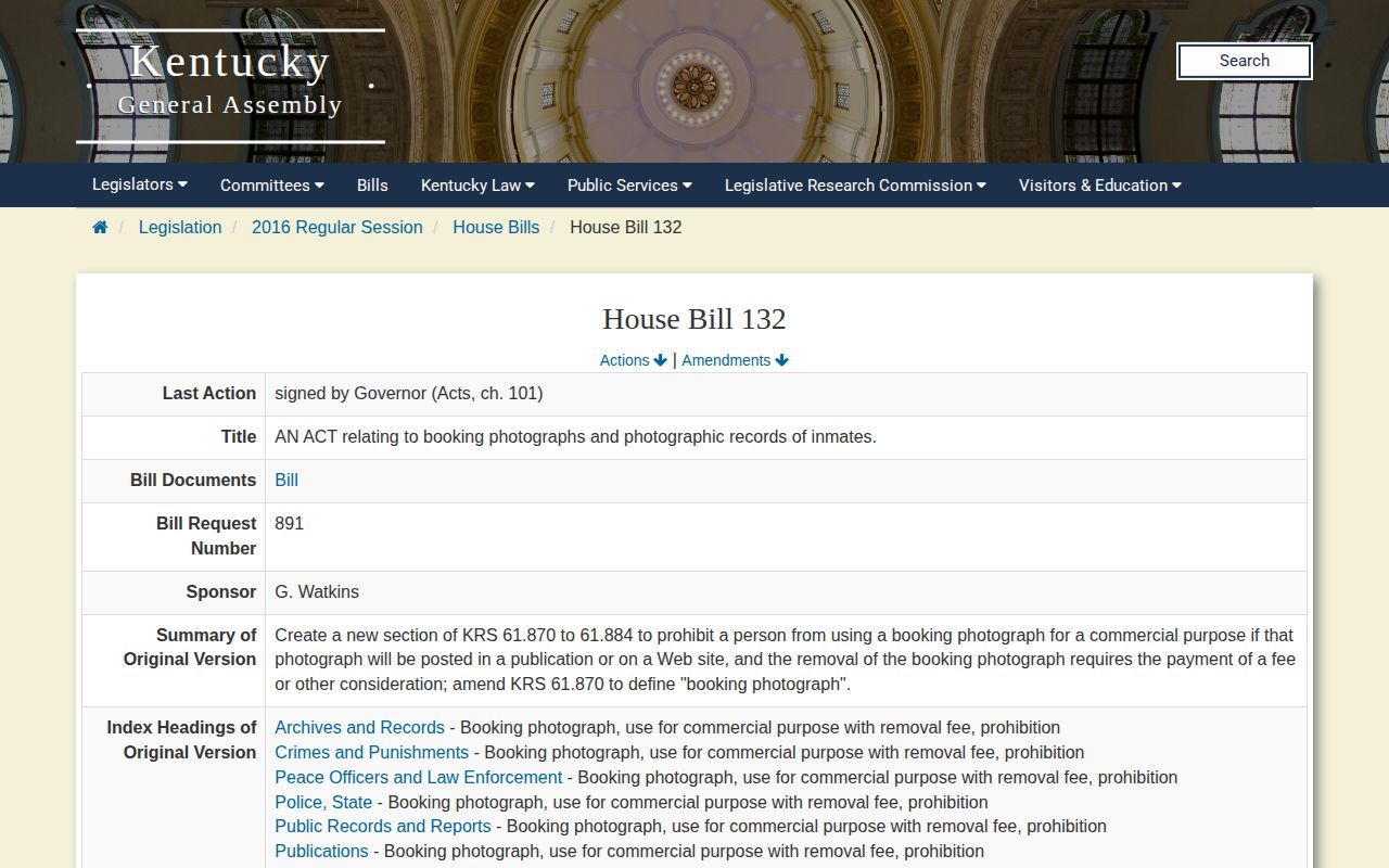 Kentucky General Assembly House Bill 132 booking-photo law record