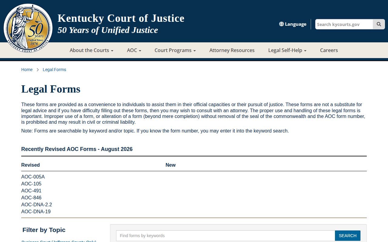 Kentucky Court of Justice forms page with expungement form families