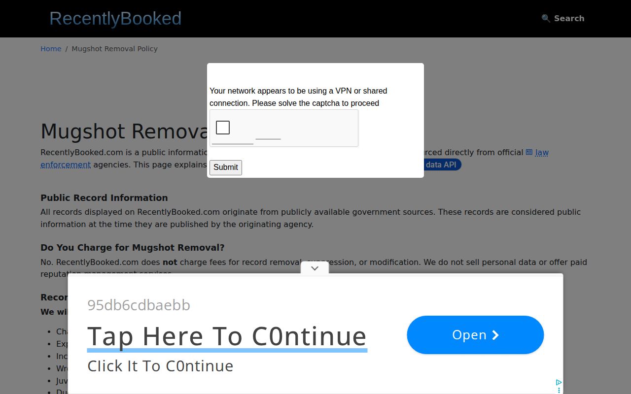 RecentlyBooked no-fee correction and removal policy for copied arrest records