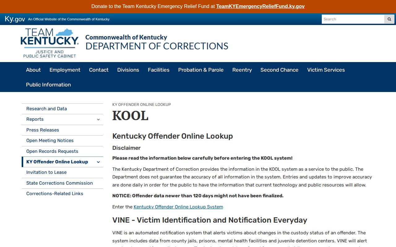 Kentucky DOC KOOL public offender lookup disclaimer and search information