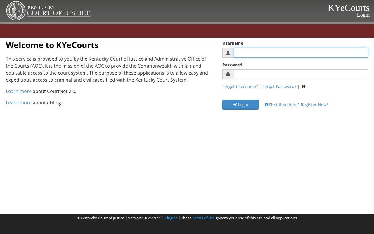 Kentucky CourtNet search interface for public case information by county