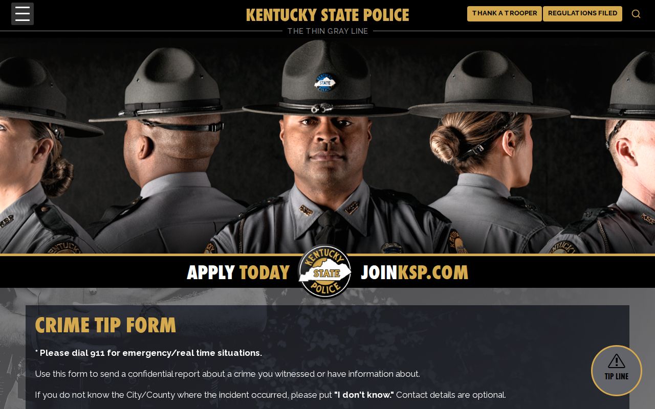 Kentucky wanted-person tip record, KSP official tip form fields and reporting guidance
