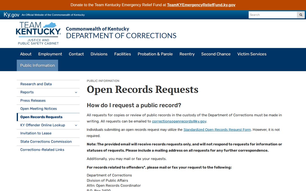 Kentucky Department of Corrections written offender-record request contact and copy-fee details